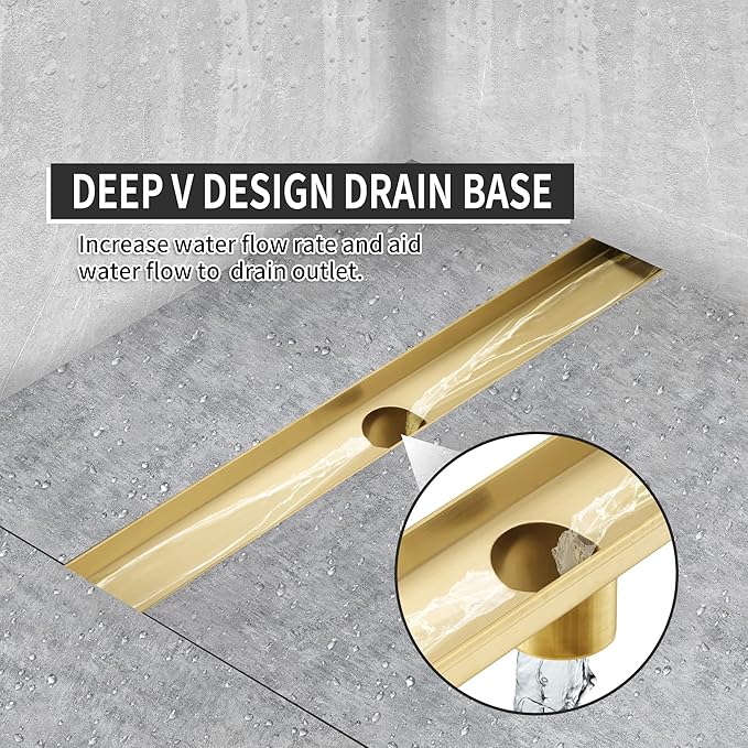 Linear Shower Drain 32 Inch Rectangular, Brushed Gold Shower Drain, 51L/Min Fast Drainage SUS-304 Stainless Steel Floor Linear Drain, US Standard CUPC Certified, Zirconium Gold, SD-112-32ZG