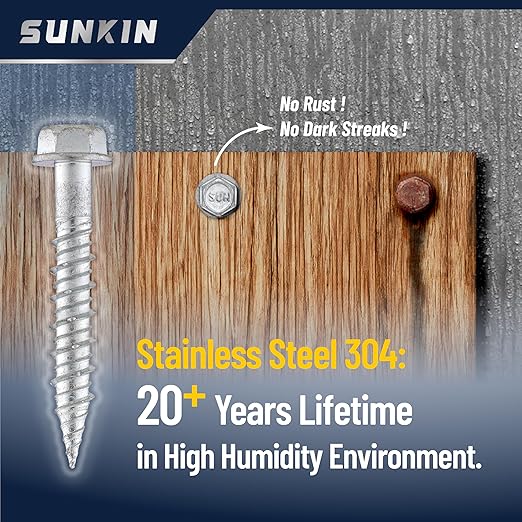 SUNKIN #14x2-1/2 inch Stainless Steel 18-8 Bi-Metal Masonry Concrete Screw Hex Head Zinc Plated 40 PCS NO Rust for 20+ Years Ideal for Exterior Projects