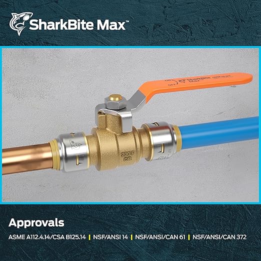 SharkBite Max 1/2 x 1/2 in PTC Ball Valve, Push-to-Connect Brass Water Shut-Off Plumbing Fitting, UR22222