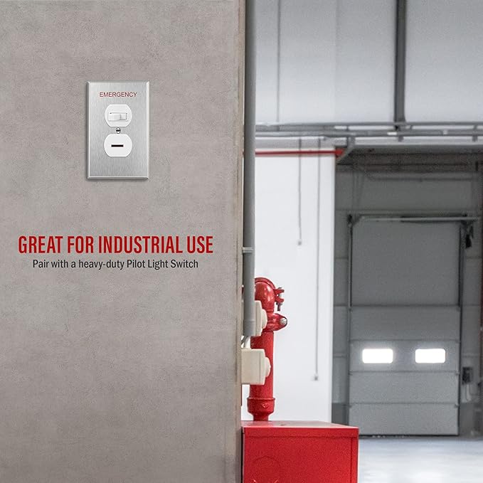 ENERLITES Duplex Receptacle Metal Wall Plate with Emergency Label, Stainless Steel Outlet Cover, Corrosion Resistant, Mid-Size 1-Gang 4.88" x 3.11", 430 Stainless Steel, 7721M-E, Silver