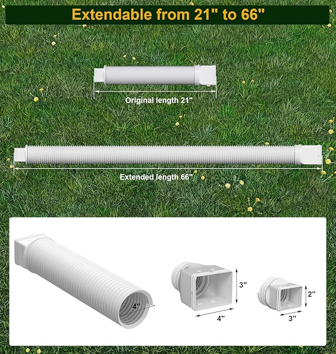 Rain Gutter Downspout Extensions, Downspout Extender for Rainwater Drainage Flexible, Down Spout Drain Extension Pipe and Extendable from 21 to 66 Inches (White)