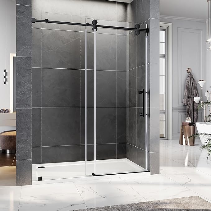 56-60 Inch x 80 Inch Sliding Frameless Shower Door, 3/8" Tempered Glass with Easy-Cleaning Coating, Stainless Steel Rollers & SGCC-Certified Stability, Matte Black