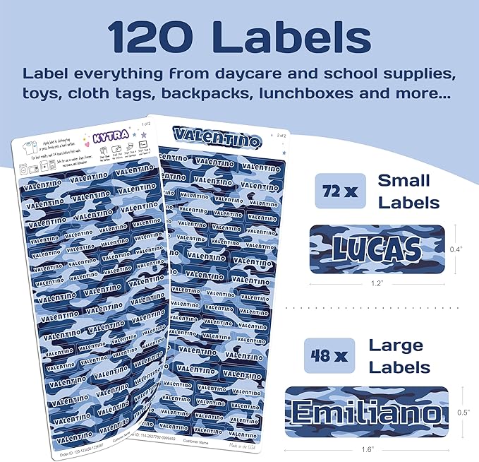 KYTRA Personalized Name Labels for Kids 120 Stickers for Daycare & School Supplies, Clothes, Toys, Lunchboxes and More - Waterproof, Laundry, Dishwasher & Microwave Safe, Made in USA (BlueCamo)