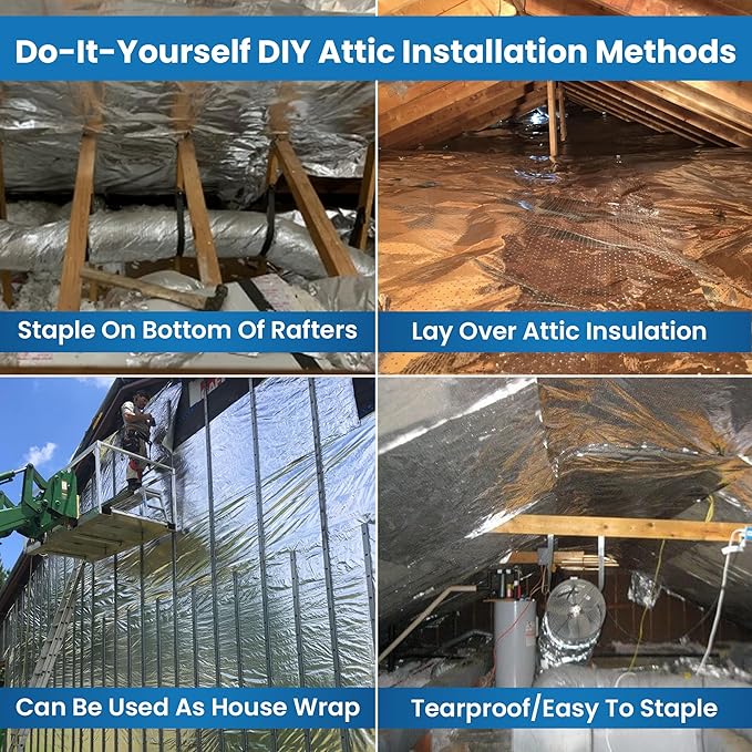 AtticFoilㅤ – Original Attic Radiant Barrier - 48” Wide / 1500 sq ft, Tearproof Perforated/Breathable Double-Sided Pure Aluminum Foil Insulation + Free Tape, Blocks 97% Radiant Heat (1500 sq. ft roll)