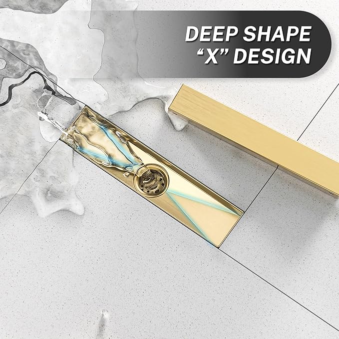 Linear Shower Drain. 12 Inch Shower Trench Drain with 2-in-1 Flat Cover & Inser Cover,304 Stainless Rectangle Steel Shower Floor Drain with Hair Strainer and Leveling Feet (Gold, 12 in)