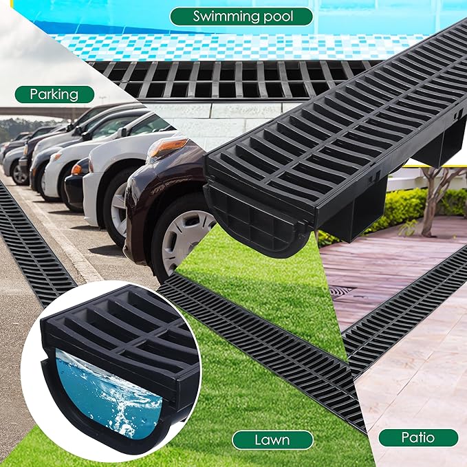 Trench Drain System with Plastic Grate, 6 Packs HDPE Channel Drainage, 39.4" x 3.9" x 1.8" Garden Drain, Total Length 236.4 Inch for Driveway Yard Pool Sidewalk Patio (6, 3.9 x 1.8 Inch)