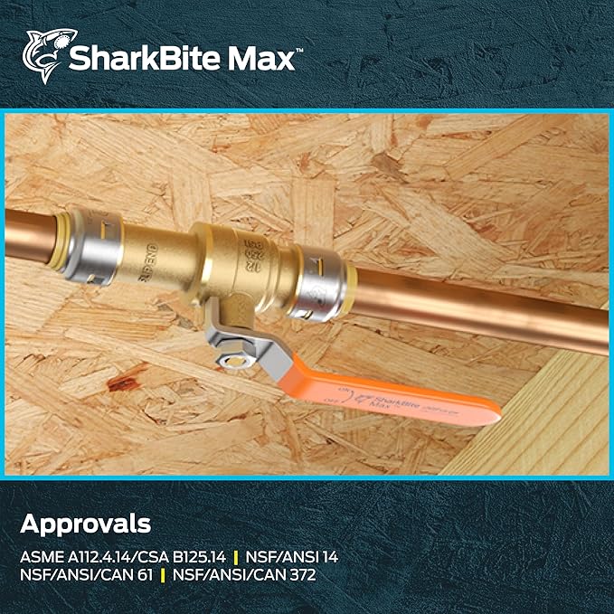 SharkBite Max 3/4 Inch Ball Valve with Drain Vent and Mounting Bracket, Push to Connect Brass Plumbing Fitting, PEX Pipe, Copper, CPVC, PE-RT, HDPE, UR24616A