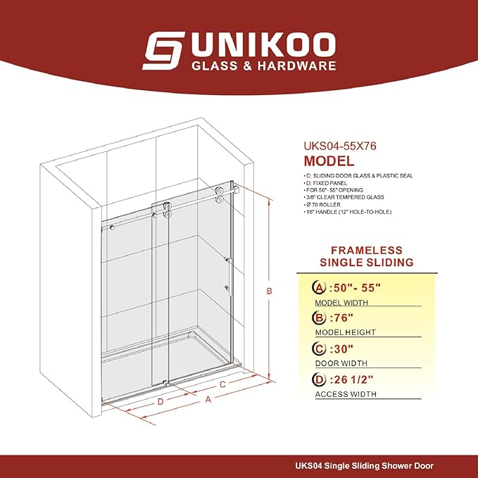 50-55 Inch x 76 Inch Sliding Frameless Shower Door, 3/8" Tempered Glass with Easy-Cleaning Coating, Stainless Steel Rollers & SGCC-Certified Stability, Matte Black