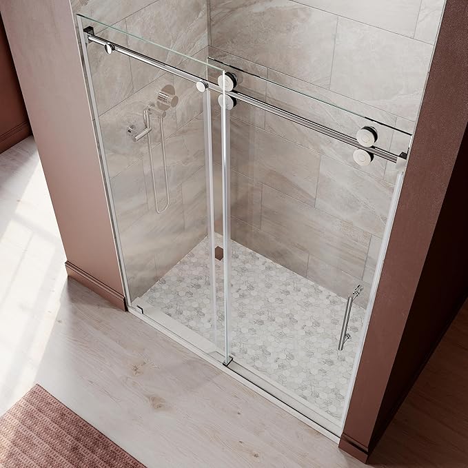 61-65 Inch x 76 Inch Sliding Frameless Shower Door, 3/8" Tempered Glass with Easy-Cleaning Coating, Stainless Steel Rollers & SGCC-Certified Stability, Bright Chrome