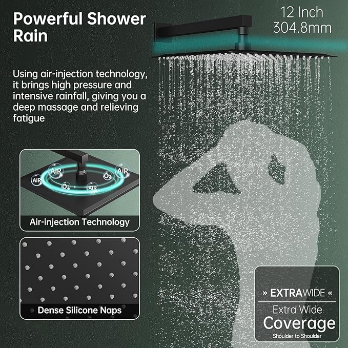 Hoimpro 12 Inch Shower Head System Set Bathroom Rain Mixer Shower Head 2 In 1 Handheld Sprayer Wall Mounted, Square Rainfall Shower Faucet Fixture Combo Valve Kits Brass Showerhead, Matte Black
