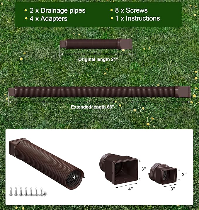 Rain Gutter Downspout Extensions, Downspout Extender for Rainwater Drainage Flexible, Down Spout Drain Extension Pipe and Extendable from 21 to 66 Inches (2 Pack, Brown)