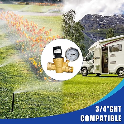 Hourleey RV Water Pressure Regulator, Adjustable Handle Brass Water Pressure Regulator, Water Pressure Reducer with Gauge and Inlet Screened Filter for RV Camper Travel Trailer