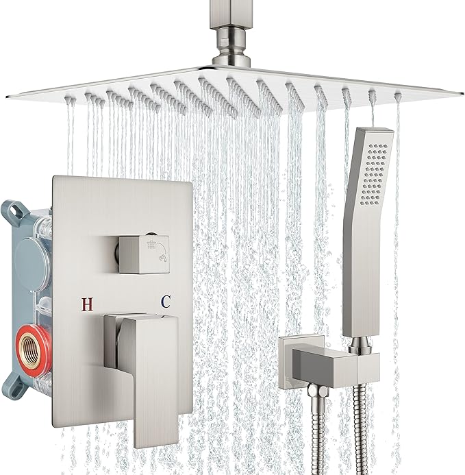 Aolemi Shower Faucet Set Ceiling Mount Shower System Rough-in Valve and Shower Trim Kit 10 Inch Shower Head Single Handheld Spray Square Knob Brushed Nickel