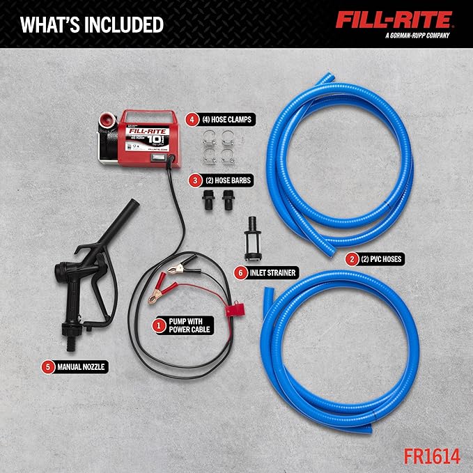 Fill-Rite FR1614 12V 10 GPM Portable Fuel Transfer Pump for Diesel and Antifreeze with Suction and Discharge Hoses