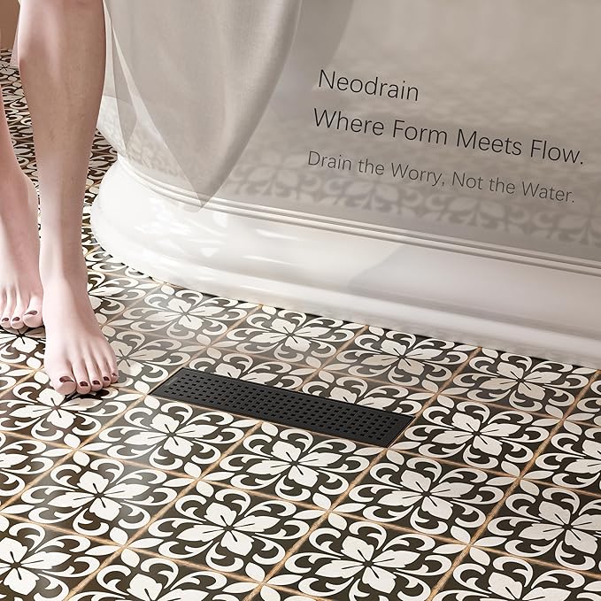 Neodrain 12-Inch Black Linear Shower Drain with Removable Quadrato Pattern Grate,Professional 304 Stainless Steel Rectangle Shower Floor Drains Manufacturer, Hair Strainer,Matte Black Linear Drain