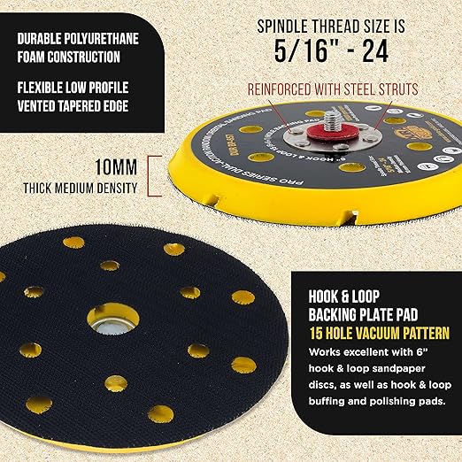 Dura-Gold Pro Series 6" Hook & Loop DA Backing Plate Pad, 15 (8 + 6 + 1) Hole Pattern Dustless - Low Profile Vented Edge, Dual-Action Random Orbital Sanding Pad, Sander Polisher Auto Woodworking