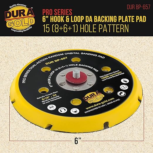 Dura-Gold Pro Series 6" Hook & Loop DA Backing Plate Pad, 15 (8 + 6 + 1) Hole Pattern Dustless - Low Profile Vented Edge, Dual-Action Random Orbital Sanding Pad, Sander Polisher Auto Woodworking