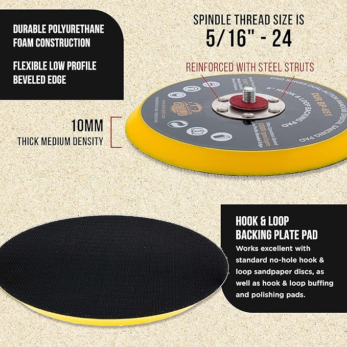 Dura-Gold Pro Series 6" Hook & Loop DA Backing Plate Pad - Low Profile Edge, Medium Density, Dual-Action Random Orbital Sanding Pad, 5/16" - 24 Threads - For Sander Polisher Auto Woodworking Sandpaper