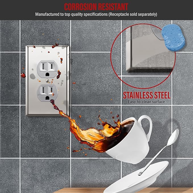 ENERLITES Duplex Receptacle Outlet Metal Wall Plate, Stainless Steel Outlet Cover, Corrosion Resistant, Size 1-Gang 4.50" x 2.76", Stainless Steel 201, 7721-PC, Polished Chrome, Silver