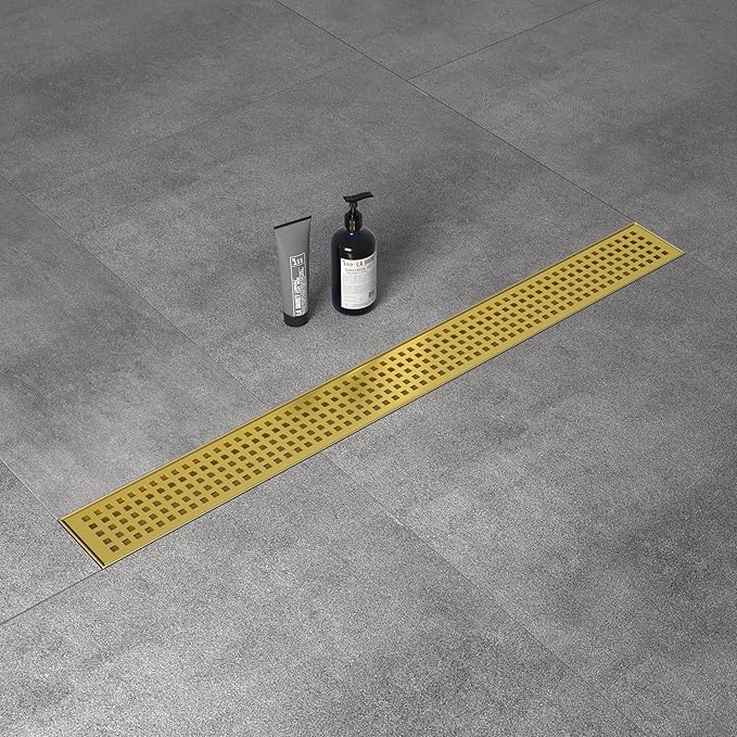 Linear Shower Drain 24", 304 Stainless Steel Floor Drain with Grid Drain Cover & Hair Strainer, Rectangular Shower Drain w/CUPC Certified, Brushed Gold
