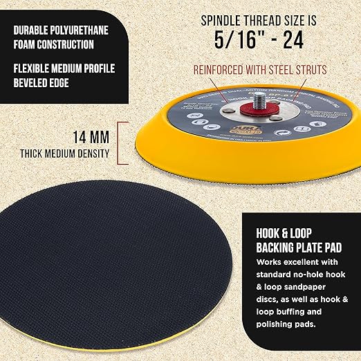 Dura-Gold Pro Series 6" Hook & Loop DA Backing Plate Pad - 14mm Thick Medium Profile Edge, Dual-Action Random Orbital Sanding Pad, 5/16" - 24 Threads - for Sander Polisher Auto Woodworking Sandpaper